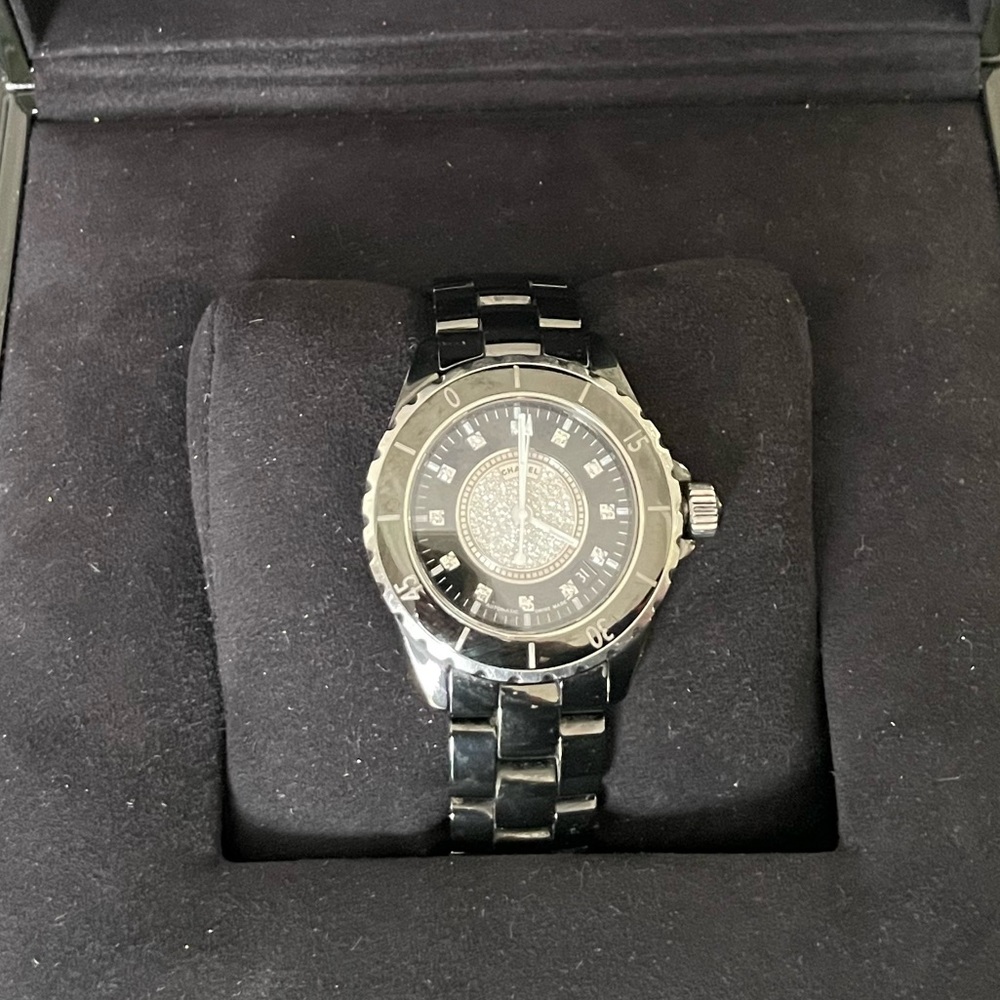 Chanel J12 Automatic Chrono watch with diamonds. Black ceramic and quartz.